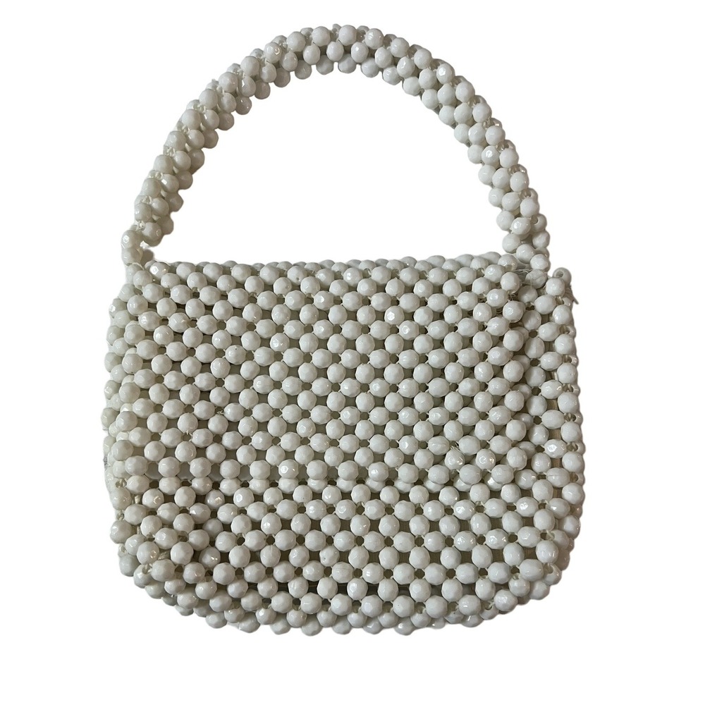 Rare Vintage Walborg White Faux PearL Beaded Hand Bag Purse Handmade in Japan